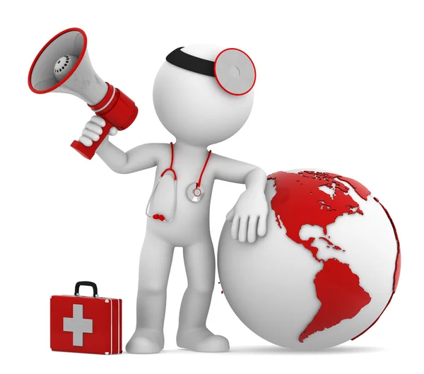 Doctor with globe and megaphone. Americas side — Stock Photo, Image