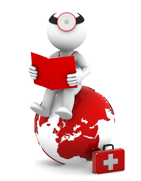 Arts met een boek zitten op rode aarde wereldbol — Stockfoto