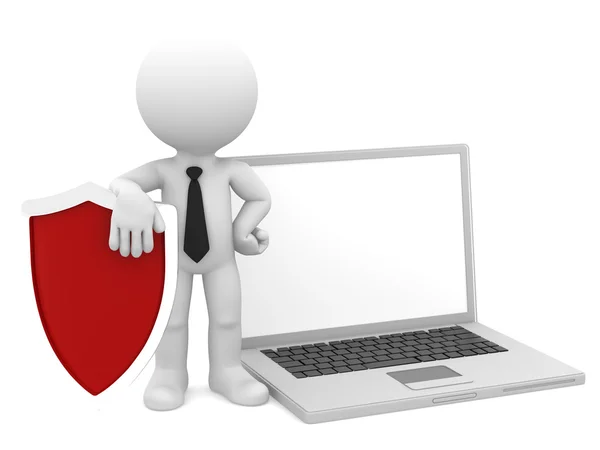 Üzletember, a pajzs és a laptop. Internet-számítógép biztonsági koncepció. — Stock Fotó