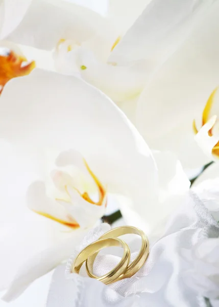 Свадебный букет и кольца — стоковое фото
