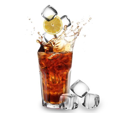 Cola glass with falling ice cubes over white clipart