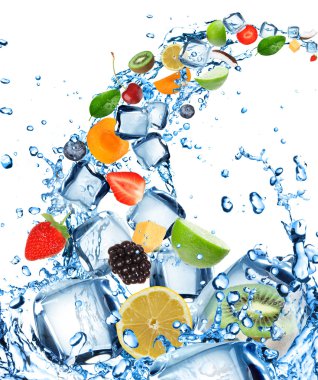 Fresh fruit in water splash with ice cubes clipart