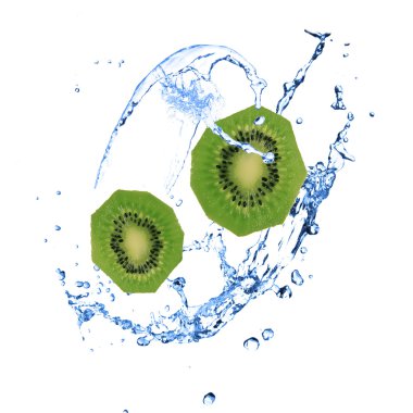 Kiwi with water splash over white