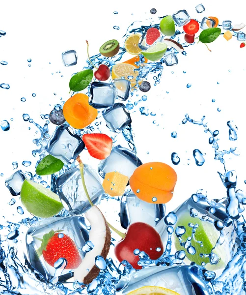 Fresh fruit in water splash with ice cubes — Stock Photo, Image