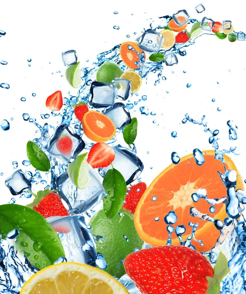 Fresh fruit in water splash with ice cubes — Stock Photo, Image