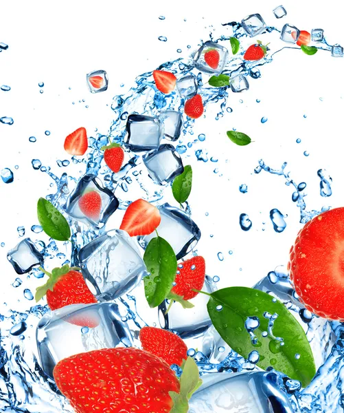 stock image Fresh strawberries in water splash with ice cubes