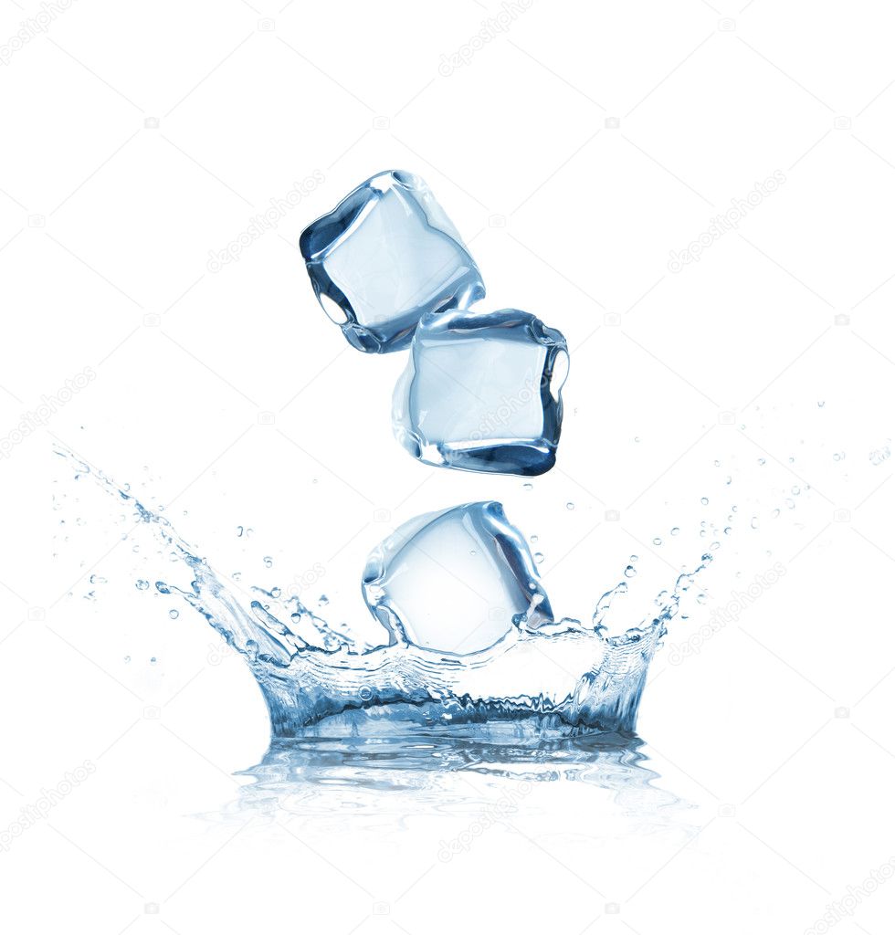 Ice cubes splashing into water