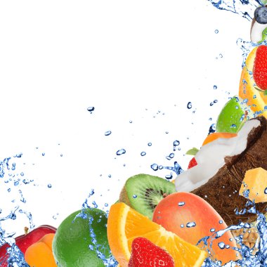 Fresh healthy fruit background with splashing water clipart