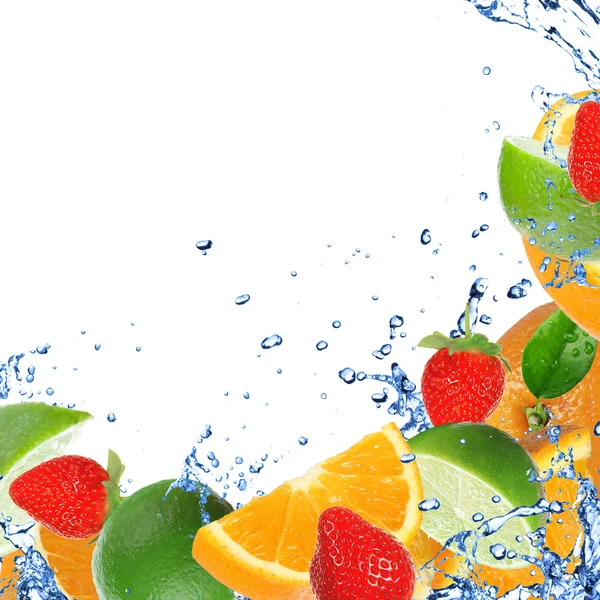 Frisches gesundes Obst Hintergrund mit Spritzwasser — Stockfoto