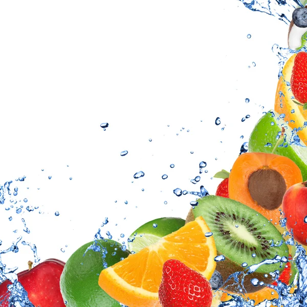Fresh healthy fruit background with splashing water — Stock Photo, Image