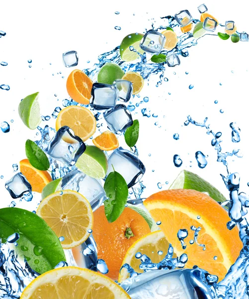 Fresh citruses in water splash with ice cubes — Stock Photo, Image