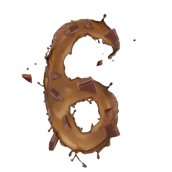 Chocolate splash number 6 isolated on white background — Stock Photo, Image