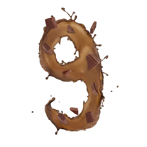 Chocolate splash number 9 isolated on white background — Stock Photo, Image