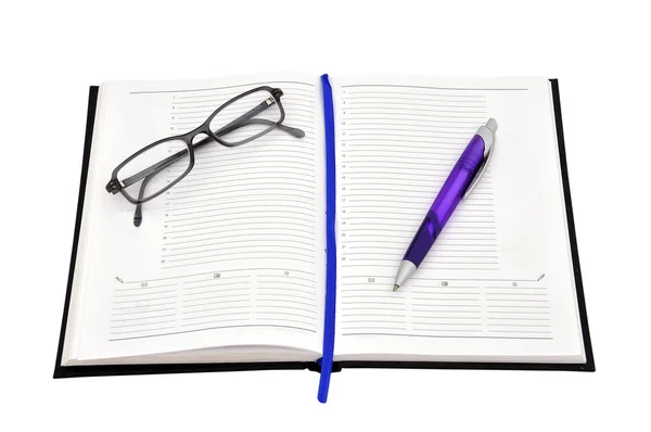 Tagebuch, Stift und Brille — Stockfoto