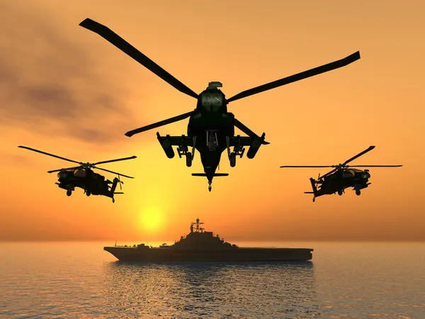 Vrtulníky Apache a letadlová loď Stock Obrázky