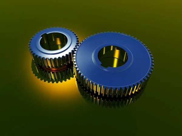 Engrenagens metálicas renderizadas 3d com luz amarela — Fotografia de Stock