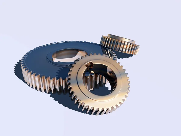3D gerenderte Metallzahnräder mit gelbem Licht — Stockfoto