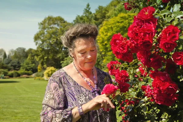 Oude vrouw in tuin — Stockfoto