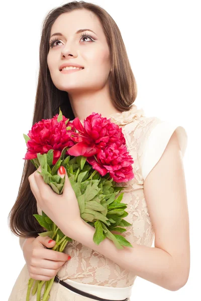 Retrato de una hermosa chica con flores sobre fondo blanco —  Fotos de Stock