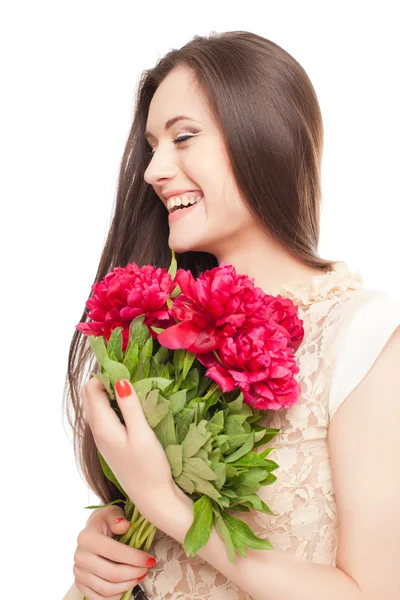 Portret van een mooi meisje met bloemen op witte achtergrond — Stockfoto