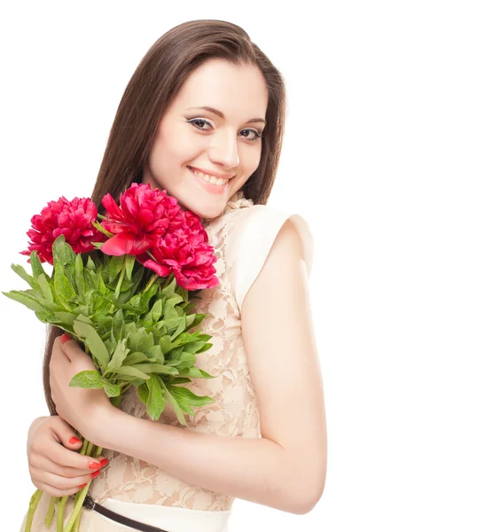 一个漂亮的女孩与花在白色背景上的肖像 — 图库照片