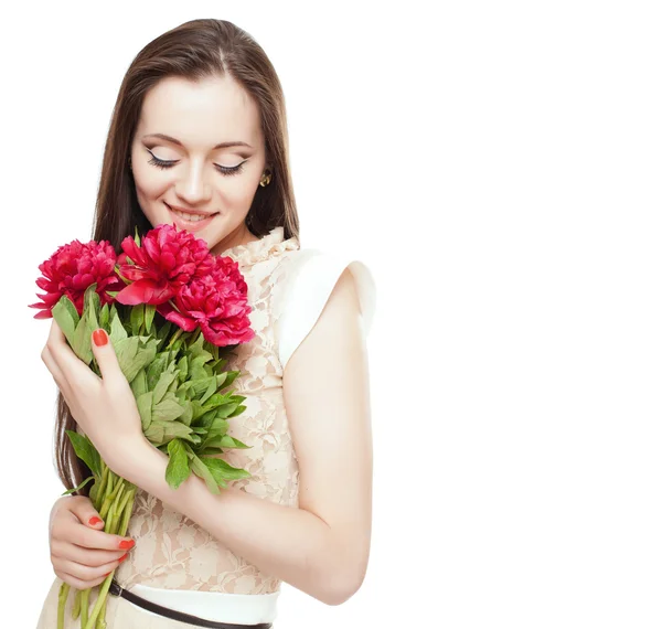 Portrait of a beautiful girl with flowers on white background — Stock Photo, Image