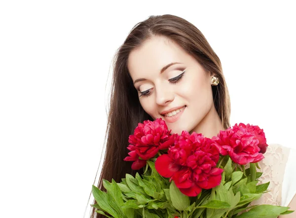 Portrait of a beautiful girl with flowers on white background — Stock Photo, Image