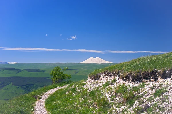 Velho vulcão extinto Elbrus e vale verde — Fotografia de Stock
