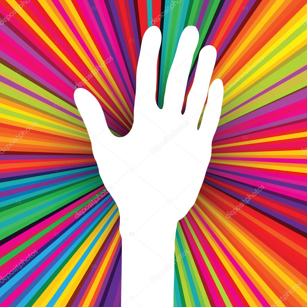 Hand silhouette on psychedelic colored abstract background. Vect