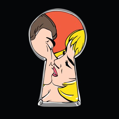 Peeping couple kiss through keyhole. clipart