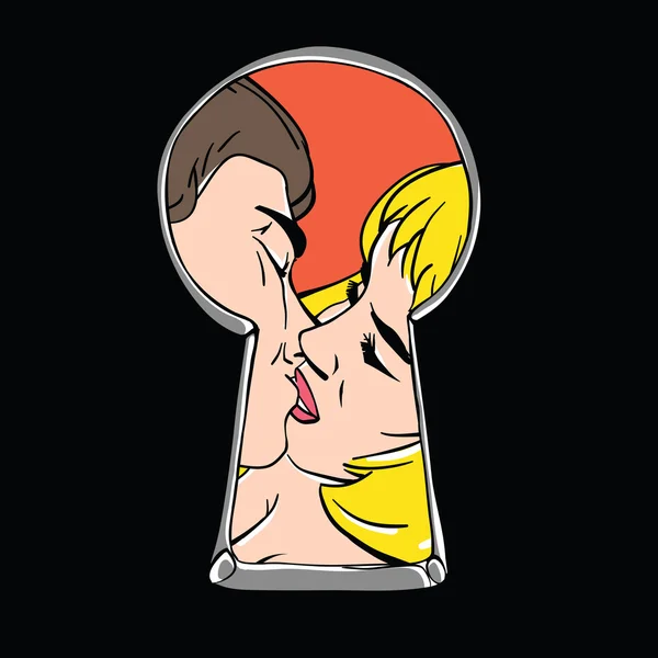 Guardare coppia bacio attraverso buco della serratura . — Vettoriale Stock