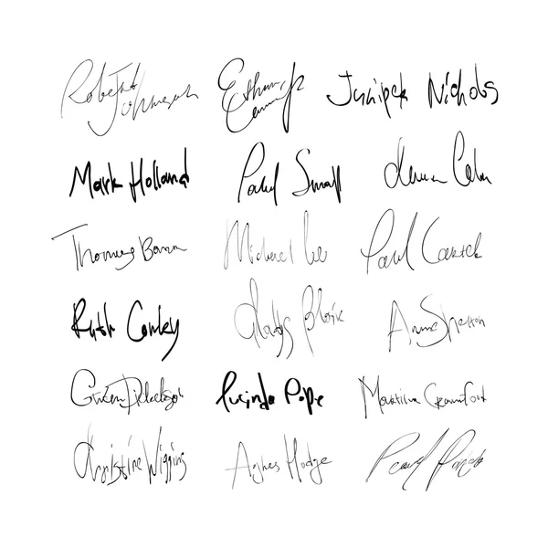 Firmas de nombres abstractos de hombres y mujeres. En bac transparente — Archivo Imágenes Vectoriales