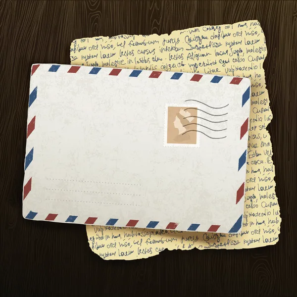 Enveloppe vintage et lettre sur fond bois. Illusion vectorielle — Image vectorielle