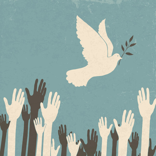 Group of hands and dove of peace. Retro illustration, EPS10