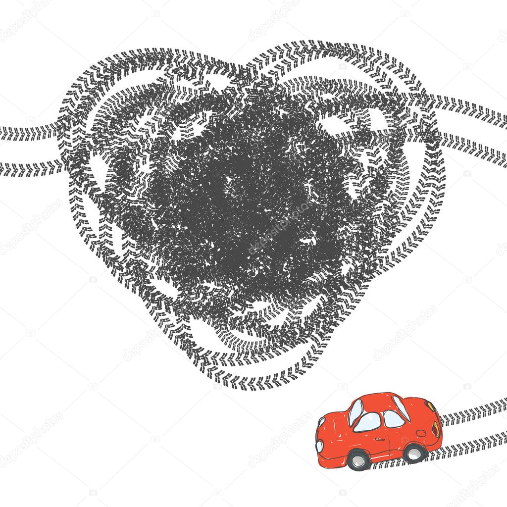 Heart shaped tire trace. Vector, EPS8