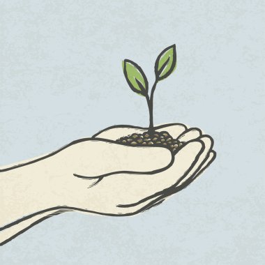 Hands with green sprout and dirt heap. Hand-drawn vector illustration clipart