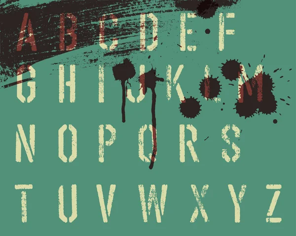 Grunge šablona abeceda s kapkami a pruhy. Vektor, EPS10 — Stockový vektor