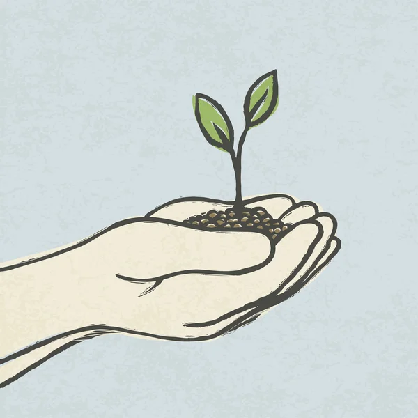 绿豆芽和泥土堆的双手。手绘矢量插画 — 图库矢量图片