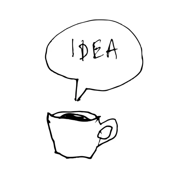 Símbolo de taza de café con la palabra idea en la burbuja del habla. Dibujado a mano — Vector de stock