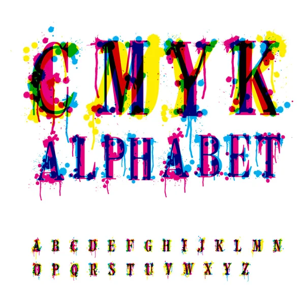 CMYk alphabet. Composition from unrecognized different letters a — Stock Vector