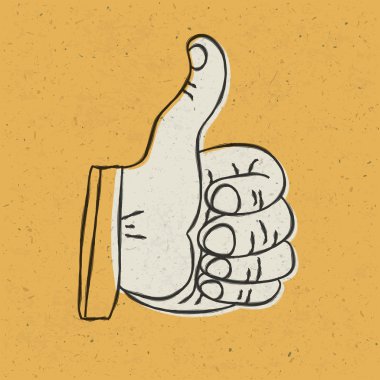 Retro styled thumb up symbol on yellow textured background. Vect clipart