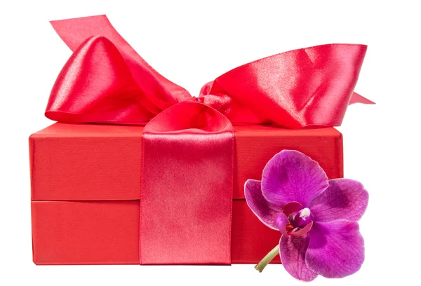 Червона коробка зі стрічкою та квіткою — стокове фото