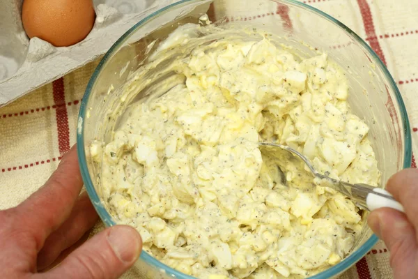Combining Egg Salad Ingredients — Stock Photo, Image