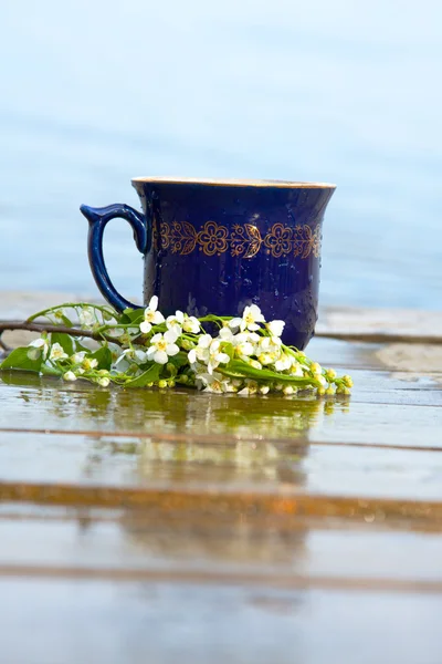 Tasse de thé de café avec fleur de cerisier — Photo