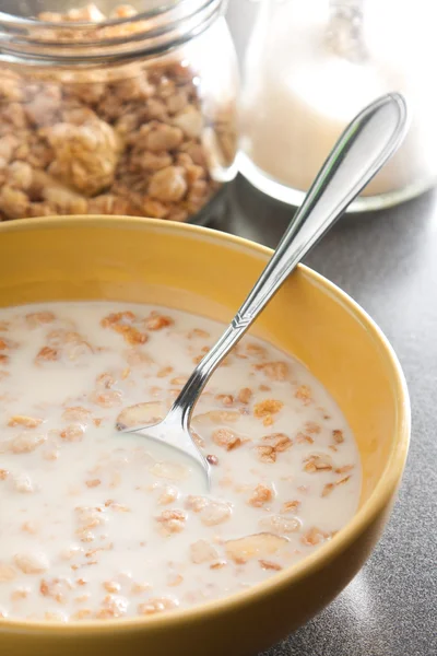 Breakfast with muesli and milk — Stock Photo, Image