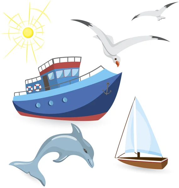 Gaivotas de golfinho de barcos —  Vetores de Stock