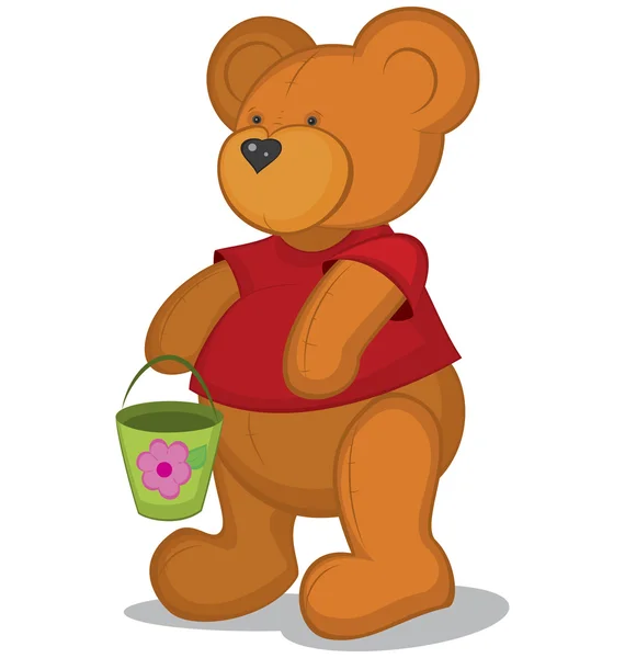 Teddybär mit Eimer in rotem T-Shirt — Stockvektor