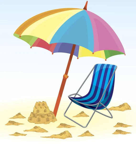 Pláž deštník židle pískový hrad — Stockový vektor