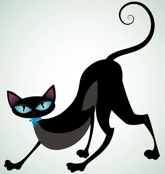Black cat with blue ribbon front — Stock Vector