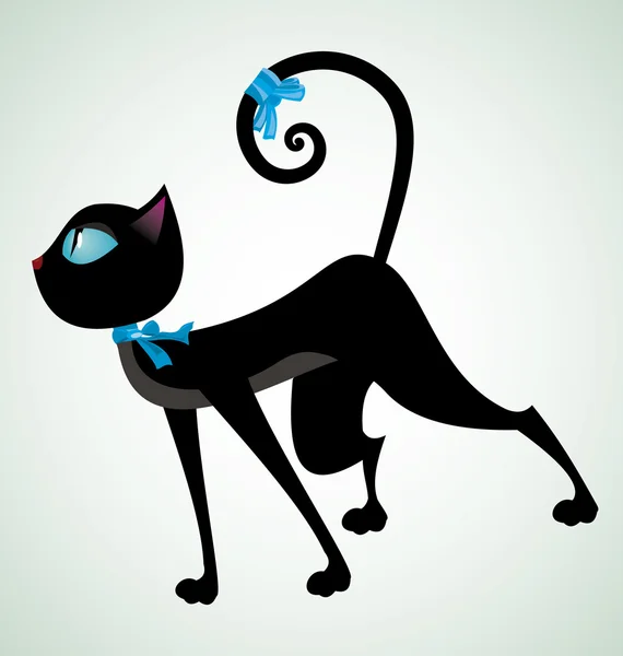 Black-cat-with-blue-ribbon — Stock Vector